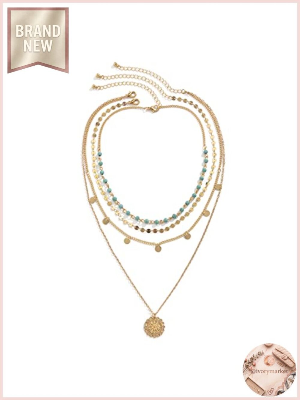 Boho Turquoise Layered Coin Pendant Necklace Set for Women